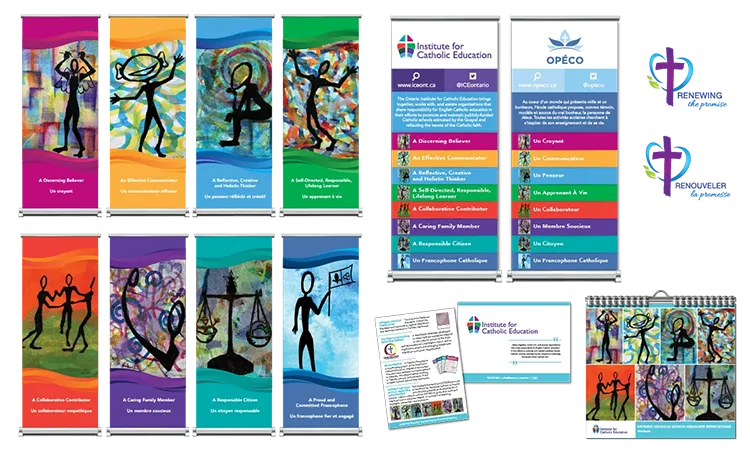 ICE Trade show banners and flip chart, information about the Ontario Catholic School Graduation Expectations